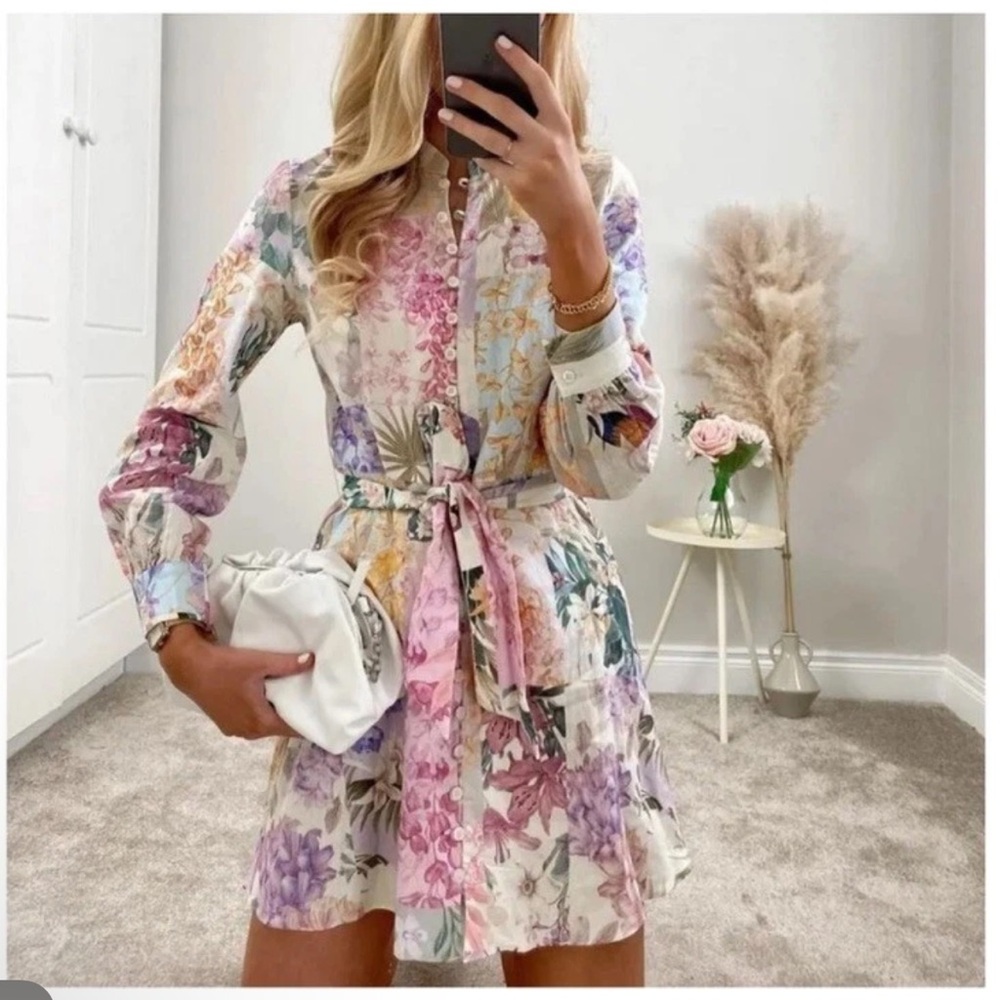 Zara Pastel Floral Long Sleeve Belted Dress - Pink, Purple, Yellow, Green